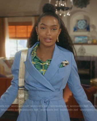 Zoey's blue pinstripe tie blazer and pants on Grown-ish