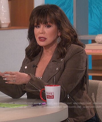 Marie's brown suede moto jacket with fringe on The Talk