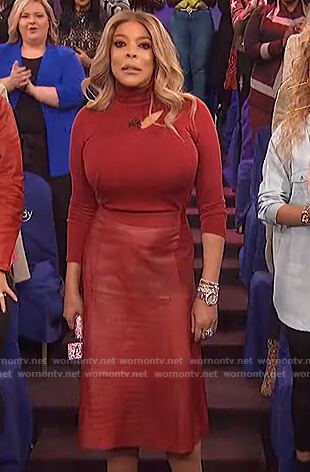 Wendy's burgundy cutout sweater and leather skirt on The Wendy Williams Show