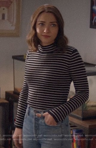 Cara's black striped mock neck sweater on God Friended Me