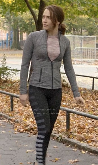 Cara's striped leggings and marled jacket on God Friended Me