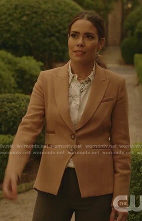 Cristal's whtie chain print blouse and camel blazer on Dynasty