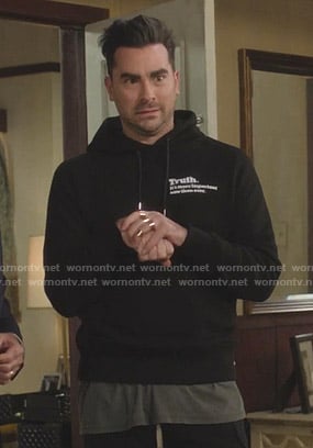 David's black Truth print hoodie on Schitts Creek