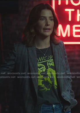 Dex's graphic print tee and grey plaid blazer on Stumptown