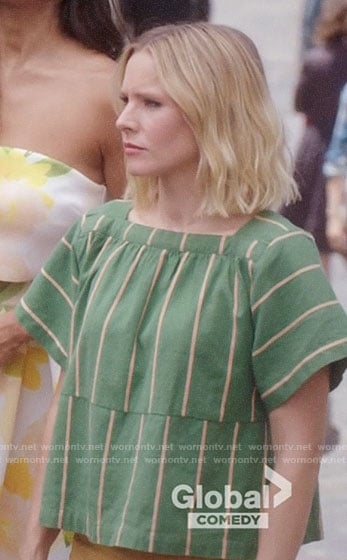 Eleanor's green striped boxy top on The Good Place