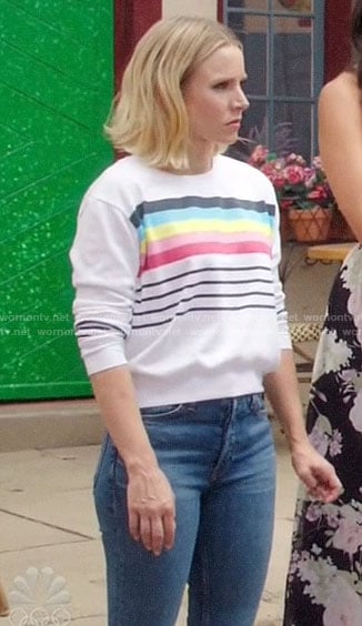 Eleanor's rainbow striped sweatshirt on The Good Place