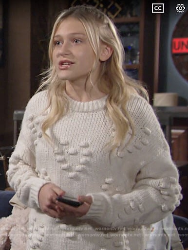 Faith's white heart bobble sweater on The Young and the Restless