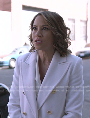 Faye's white double breasted coat on Shameless