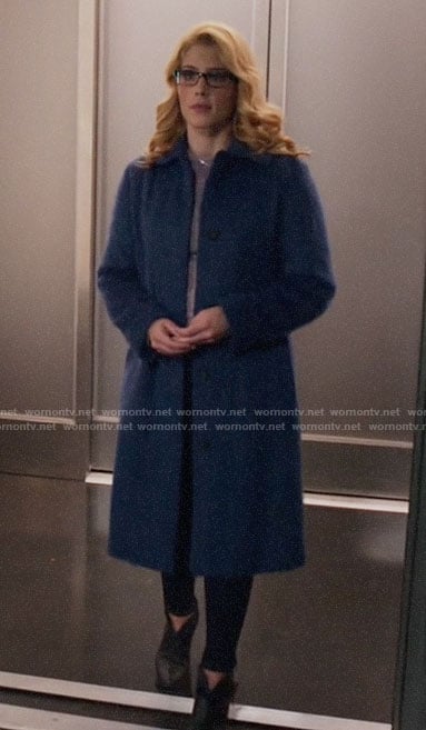 Felicity's long blue fur coat on Arrow