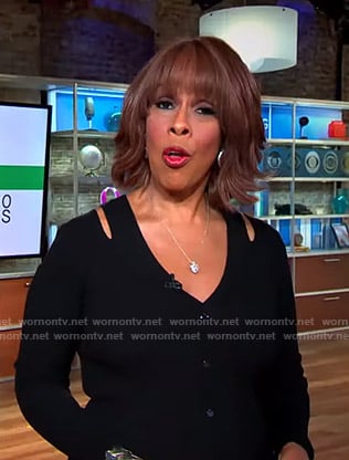 Gayle's black cutout shoulder knit dress on CBS This Morning