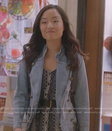 Janet's snakeskin dress and denim jacket on Kims Convenience
