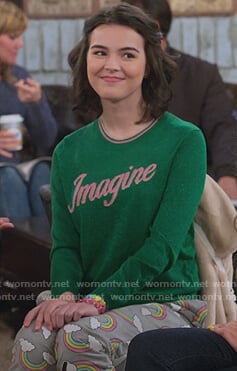 Hannah's green imagine sweater and rainbow pants on Alexa & Katie