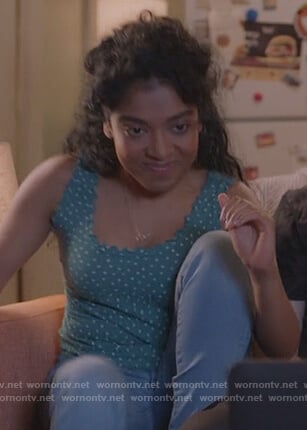 Chelsea's green polka dot top on Kims Convenience