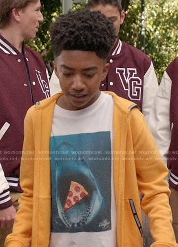 Jack's shark graphic tee and yellow hoodie on Black-ish