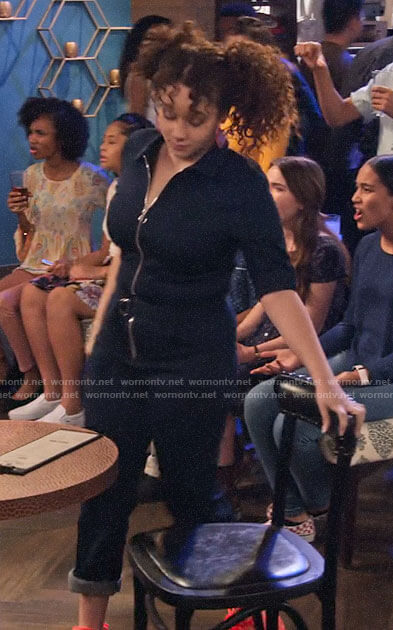 Jade's denim zip-front jumpsuit on Family Reunion