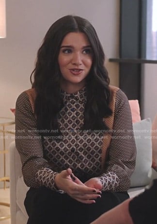 Jane's geometric blouse on The Bold Type