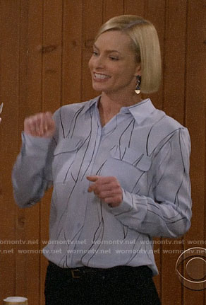 Jill's blue printed button down blouse on Mom