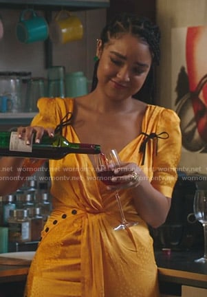 Kat's orange twisted button detail dress on The Bold Type