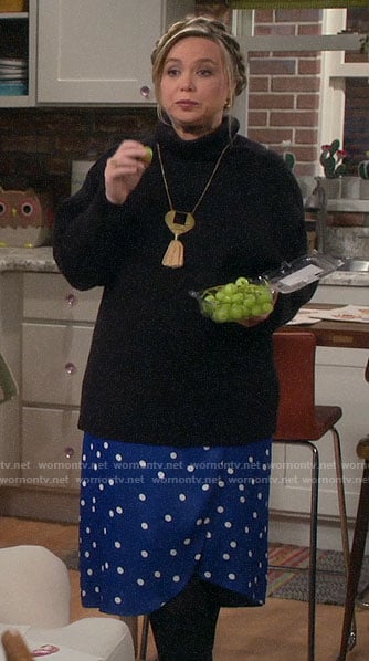Kristin's blue polka dot wrap skirt on Last Man Standing