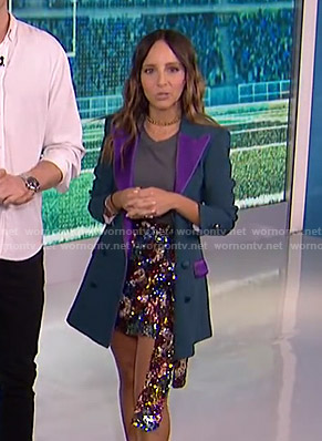 Lilliana's green and purple contrast blazer and sequin skirt on E! News