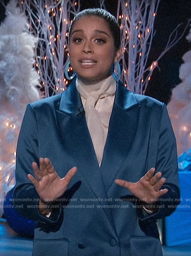 Lilly Singh's blue satin double-breasted blazer on A Little Late with Lilly Singh