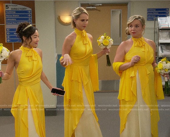 Mandy, Kristin, and Jen's yellow bridesmaid dress on Last Man Standing