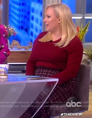 Meghan's maroon sweater and check skirt on The View