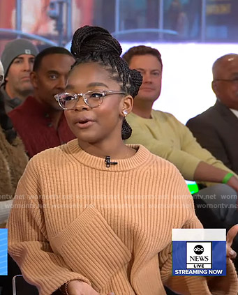 Marsai Martin's camel ribbed sweater with patch pocket on Good Morning America