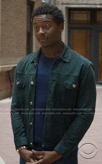 Miles's green suede trucker jacket on God Friended Me