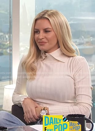 Morgan's white ribbed collared sweater on E! News Daily Pop