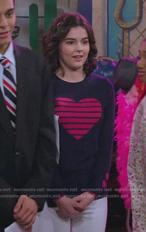Hannah's navy heart sweater on Alexa & Katie