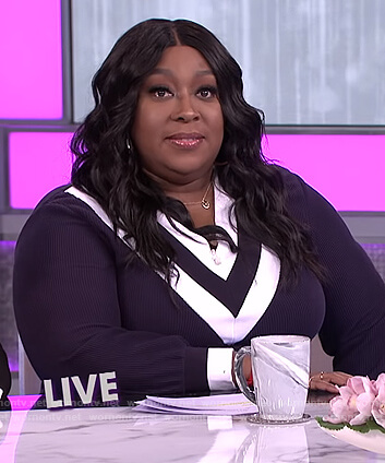 Loni's navy varsity sweater dress on The Real