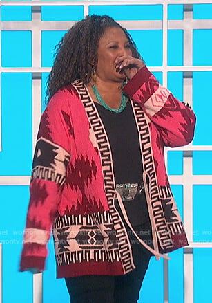Pam Grier's pink aztec print cardigan on The Talk