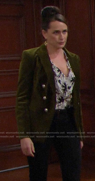 Quinn's floral blouse and green velvet blazer on The Bold and the Beautiful