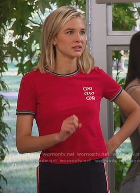 Katie's red Ciao print tee on Alexa & Katie