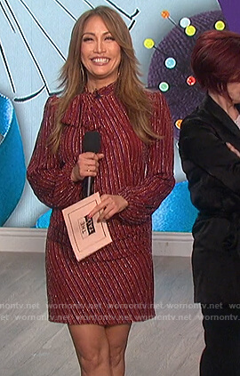 Carrie's red metallic tie neck dress on The Talk
