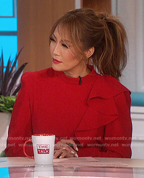 Carrie's red ruffle mini dress on The Talk