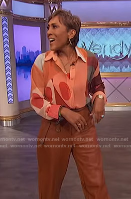 Robin's abstract print blouse and leather pants on The Wendy Williams Show