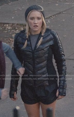 Roxy's black camo print puffer jacket on Almost Family