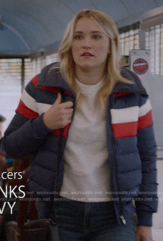 Roxy's blue striped puffer jacket on Almost Family