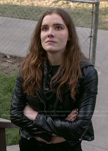 Sandy's black hooded moto jacket on Shameless