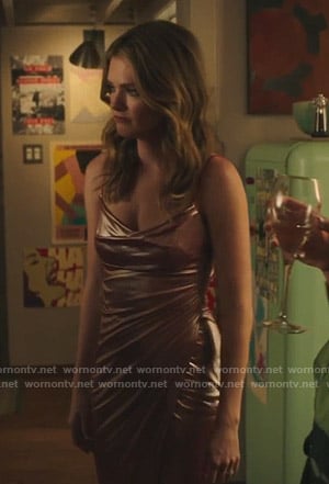 Sutton's metallic cowl neck dress on The Bold Type