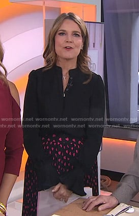 Savannah's black ruffle cuff blouse and heart print skirt on Today