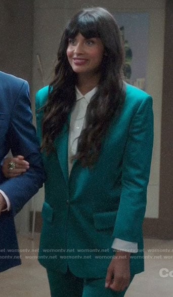 Tahani's teal satin suit on The Good Place