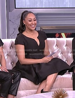 Tamera's black v-neck flare dress on The Real