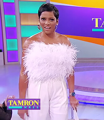 Tamron's white feather crop top on Tamron Hall Show