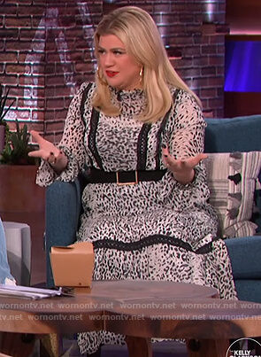 Kelly's white leopard lace inset maxi dress on The Kelly Clarkson Show