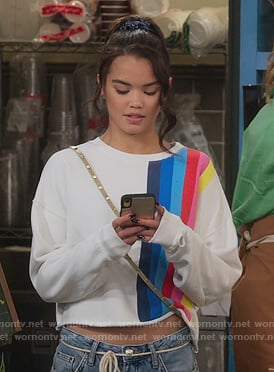 Alexa's white rainbow striped sweatshirt on Alexa & Katie