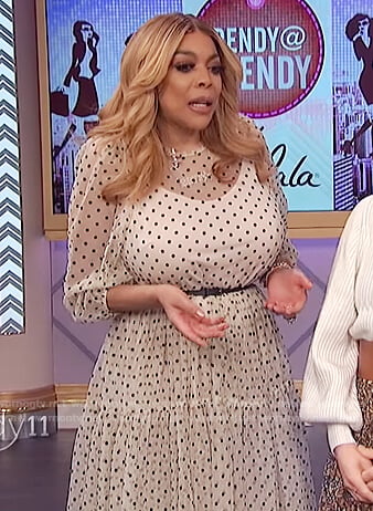 Wendy's white polka dot sheer dress on The Wendy Williams Show