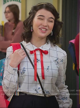 Hannah's white floral windowpane blouse on Alexa & Katie